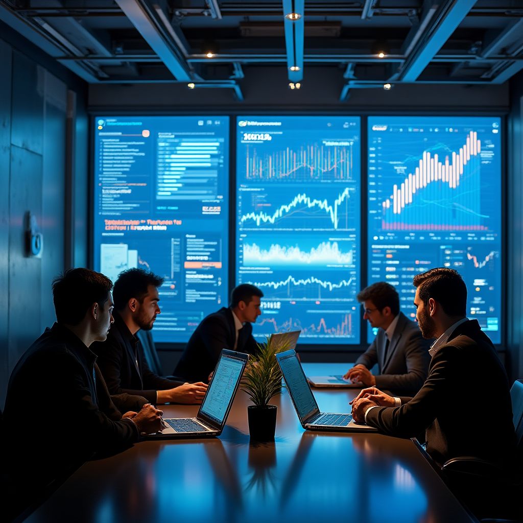 Equipo de profesionales financieros en una reunión estratégica